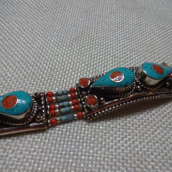 Tribal TURQUOISE & RED CORAL Handmade Sterling Bracelet Size 7" #38C - Picture 1 of 3